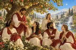 A diverse gathering rests beneath the tree of life beside a clear stream.