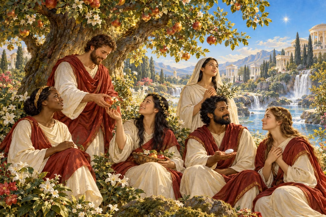 A diverse gathering rests beneath the tree of life beside a clear stream.