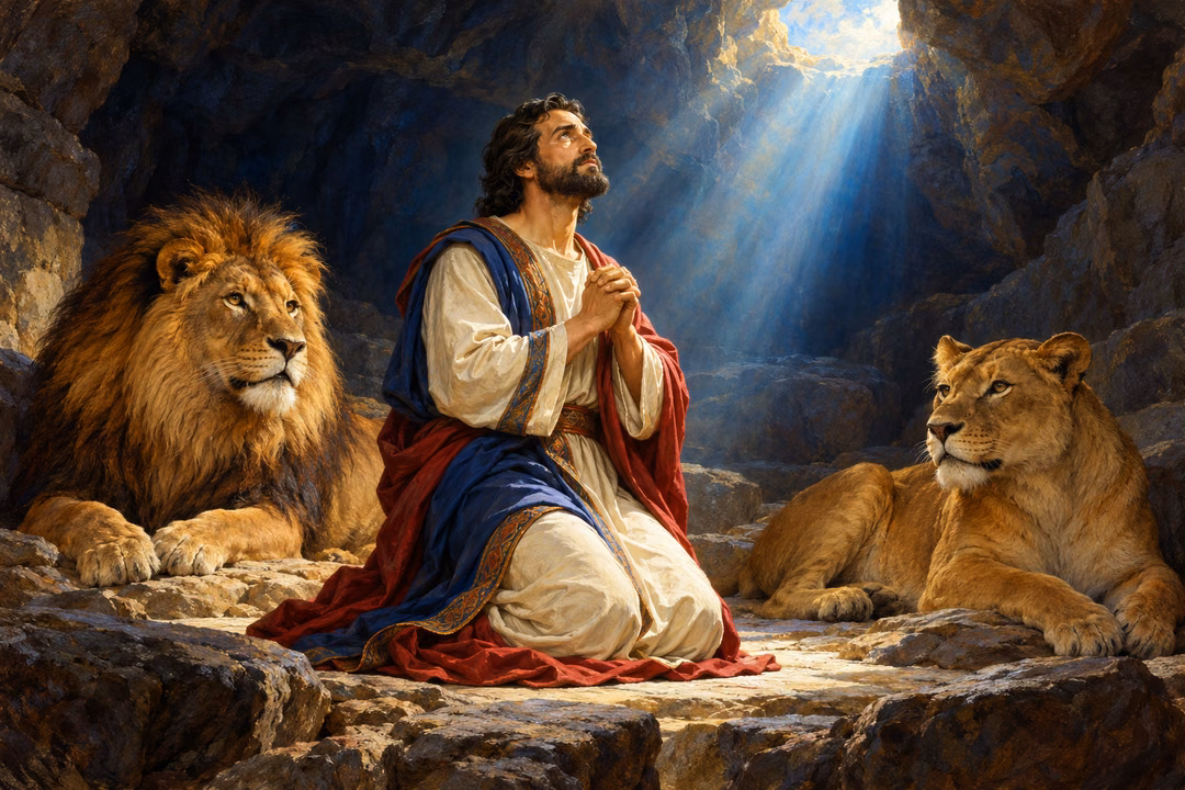 Daniel prays calmly between two resting lions beneath a shaft of pearl-blue light in a dark cavern.