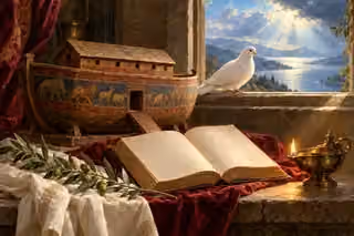 An ark model, blank open book, oil lamp and dove evoke salvation, clear conscience and baptism of the Spirit.
