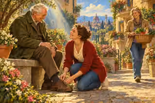 A woman kneels to tie an elderly man's shoe in a sunlit flower-filled courtyard while another woman carries groceries.