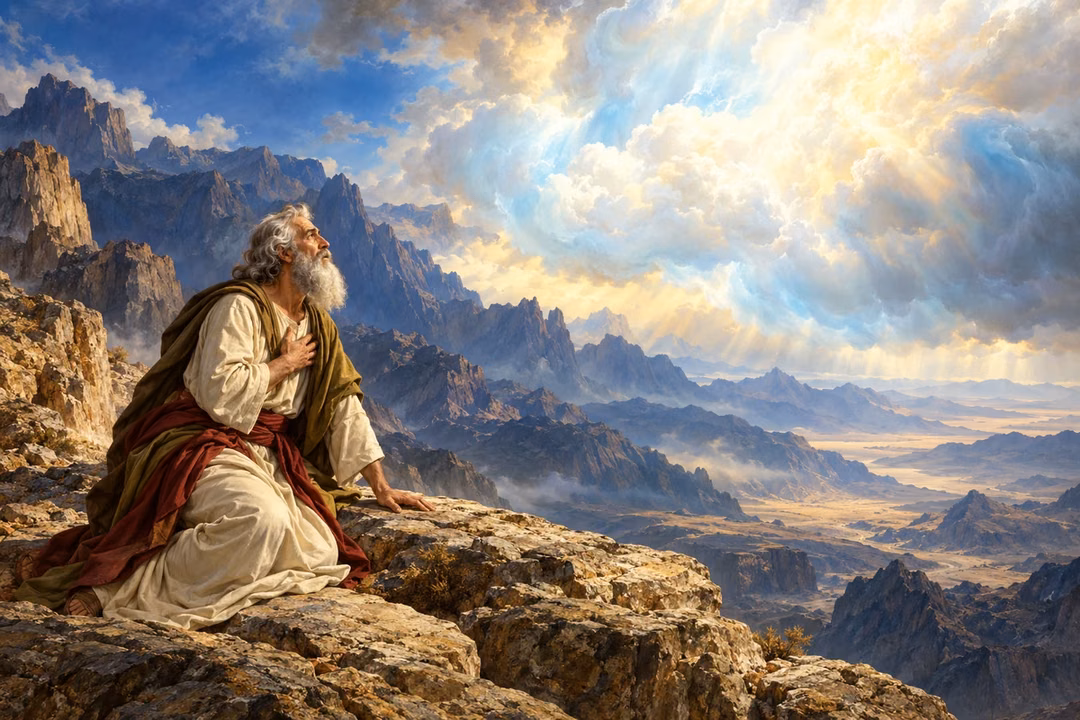 Moses kneels on Sinai beneath a luminous divine cloud.
