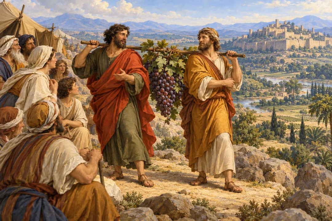 Joshua and Caleb return with a great cluster of grapes, trusting the promise of Canaan.