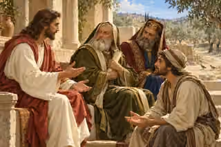 Jesus speaks with open hands in a sunlit Judean courtyard as two elders hold a scroll and a younger listener attends beside an olive-lined road.