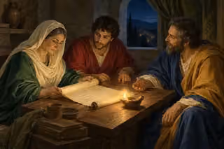 Three Bereans study an open scroll together around a lamp-lit wooden table in a stone room.