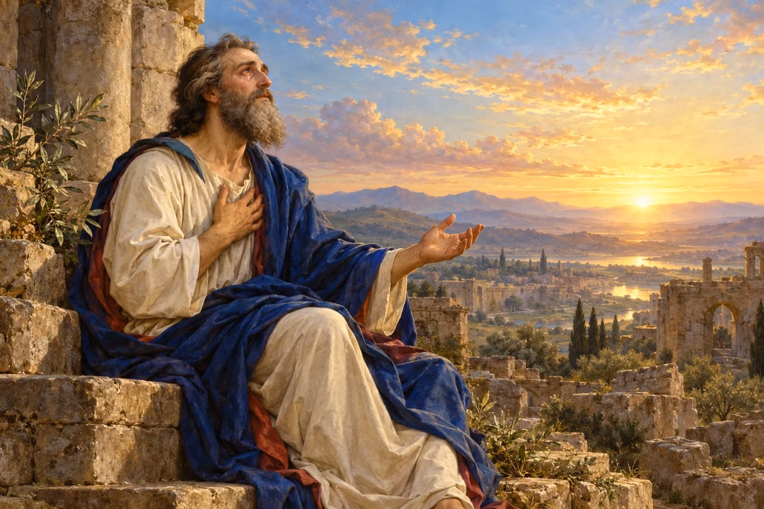 Jeremiah turns toward the dawn with tears and renewed hope among quiet ruins.