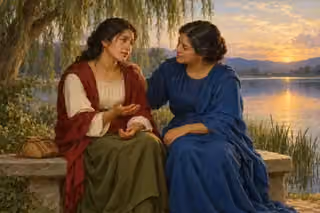 Two Latino women sharing comfort on a stone bench beside a still lake at sunset.