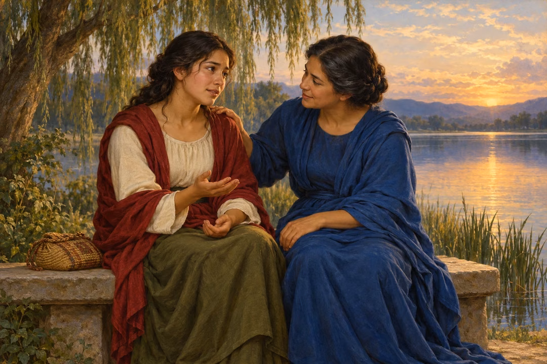 Two Latino women sharing comfort on a stone bench beside a still lake at sunset.