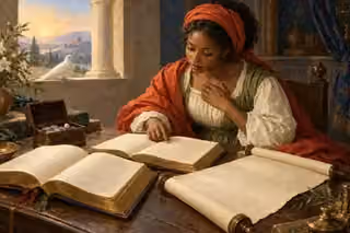 A woman compares sacred books and a scroll beside a small treasure chest in a softly lit Renaissance study.