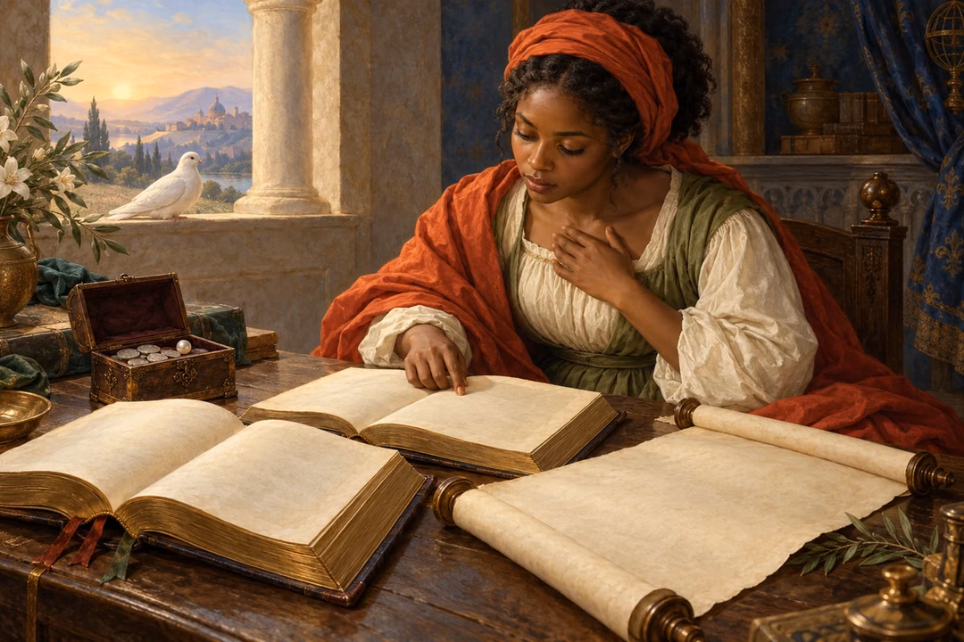 A woman compares sacred books and a scroll beside a small treasure chest in a softly lit Renaissance study.