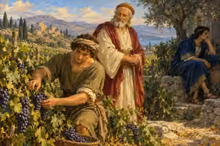 One son works at a grapevine under his father's approving gaze while another sits idle on a shaded stone wall.