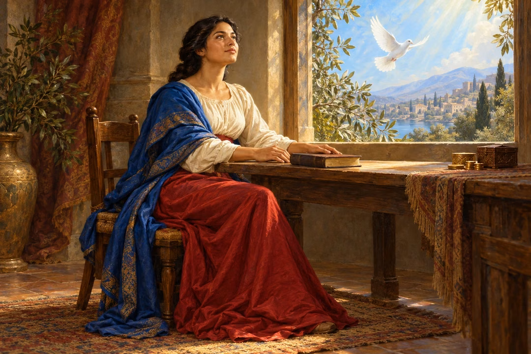 A woman finds quiet spiritual contentment beside a plain scripture book while coins and jewelry remain set aside in shadow.