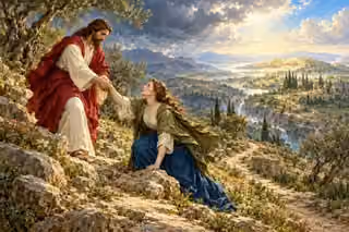 Christ helps a weary traveler rise on a mountain path opening toward luminous hills.