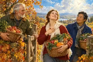 Three neighbors carry harvest baskets through a wooden gate, with a grateful woman looking toward the bright sky beneath autumn leaves.