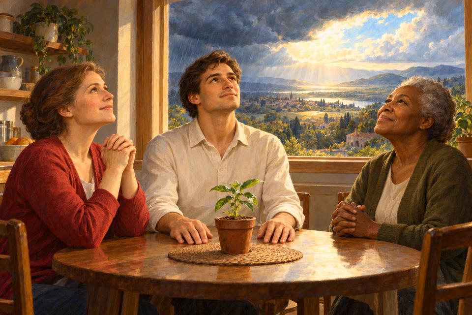 A family and elderly neighbor pray with thanksgiving in a modest kitchen while light breaks through passing clouds over the world outside.