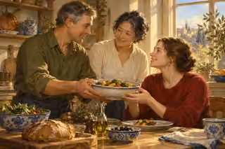 Three friends share warm fellowship as a man passes a bowl of vegetables to a woman across a home kitchen table.