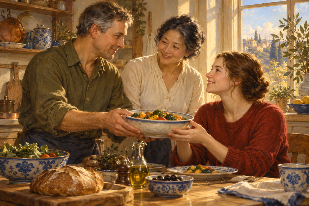 Three friends share warm fellowship as a man passes a bowl of vegetables to a woman across a home kitchen table.