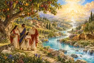 Oil painting of a joyful family in ivory robes beneath a tree bearing many fruits beside a clear blue river; a wolf rests with a lamb, a lion with a bullock, and a radiant golden city rises beyond peaceful homes and vineyards.