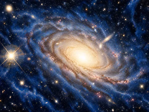 A luminous galaxy in a blue star-filled cosmos