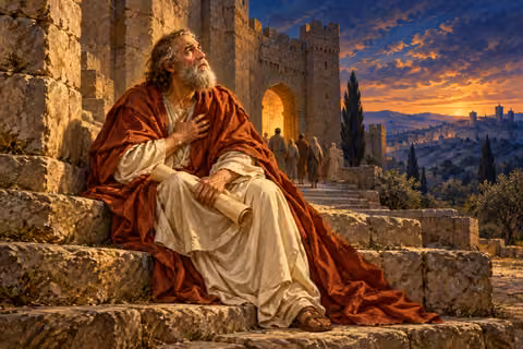 Jeremiah holds a scroll outside a city gate as townspeople walk away at dusk