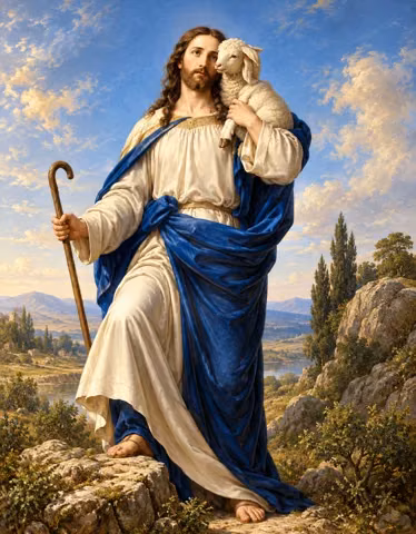 Jesus the Good Shepherd carrying a rescued lamb