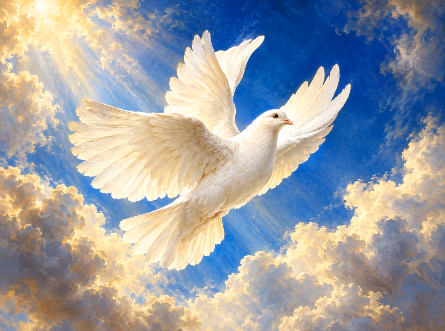 A luminous white dove flying in a blue sky