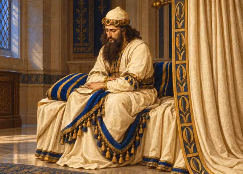Solomon contemplating in his royal chamber in flowing ivory robes