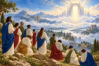 Raphael-inspired painting of solemn figures facing a distant luminous gateway across a blue misty landscape.