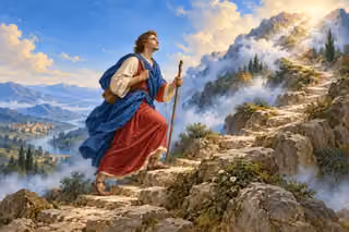 Raphael-inspired painting of a pilgrim climbing a rocky hillside through blue mist toward the light.