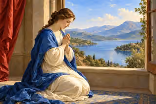 Raphael-inspired painting of a person kneeling in prayer beside a window overlooking a tranquil blue lake.