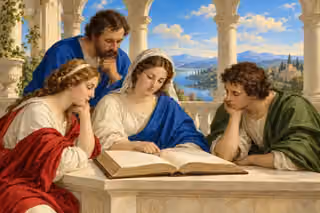 Raphael-inspired painting of thoughtful readers studying an open sacred book beneath a classical loggia.