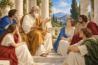 Raphael-inspired painting of a serene elder teaching attentive younger adults in a pale-stone courtyard.